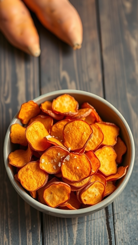 Baked sweet potato chips in a bowl, garnished with salt and paprika, with whole sweet potatoes in the background.